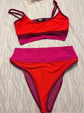 Beach Riot Red & Fuchsia Colorblock Ribbed Bikini